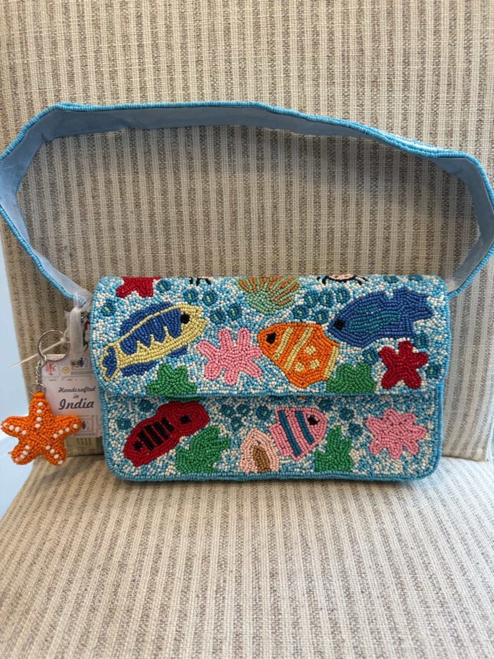 Viral Beaded Ocean Fish Shoulder Bag in Blue, Orange, Pink Handcrafted In India